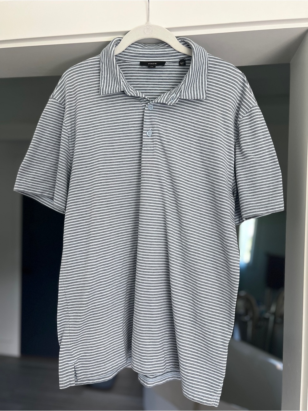 VINCE Blue Gray Striped Short Sleeve Polo medium